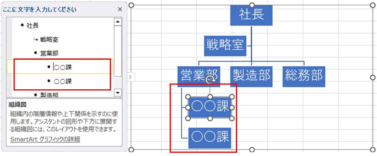 「Tab」キーで階層のレベルを変える